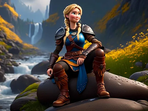 Prompt: <mymodel>CGi Animation, 20-year-old viking woman with blue eyes, she is wearing a tiara, a rainy scene, she is sitting on a boulder in a forest, the viking woman has a subtle smile with it pouring down rain, blonde hair in a ponytail style, she has blue gear, gold armor, black pants, black boots