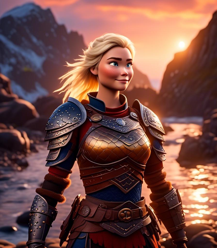 Prompt: <mymodel>CGI Animation, digital art, 20-year-old-old viking woman with blue eyes standing around several hot springs on a beach, sunset lighting, blue clothes, blue colored armor blonde straight hair, subtle smile, unreal engine 8k octane, 3d lighting, cinematic lighting, camera shot of full armor from head to toe