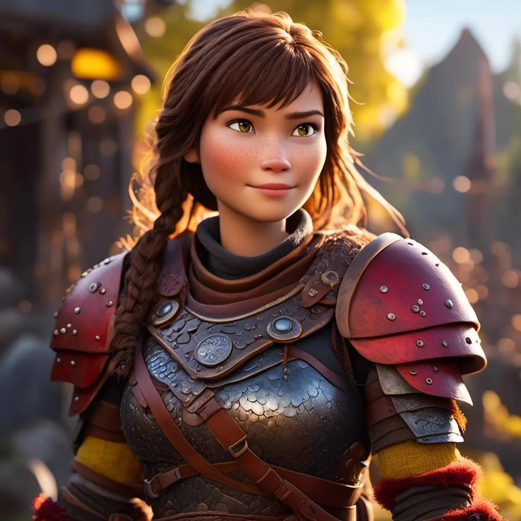 Prompt: <mymodel>CGI Animation of a viking female, brown hair in her face, hazel eyes, bright red gear and armor, yellow highlights and textures, standing in a viking village, intricate details, high quality, digital painting, cool tones, dramatic lighting