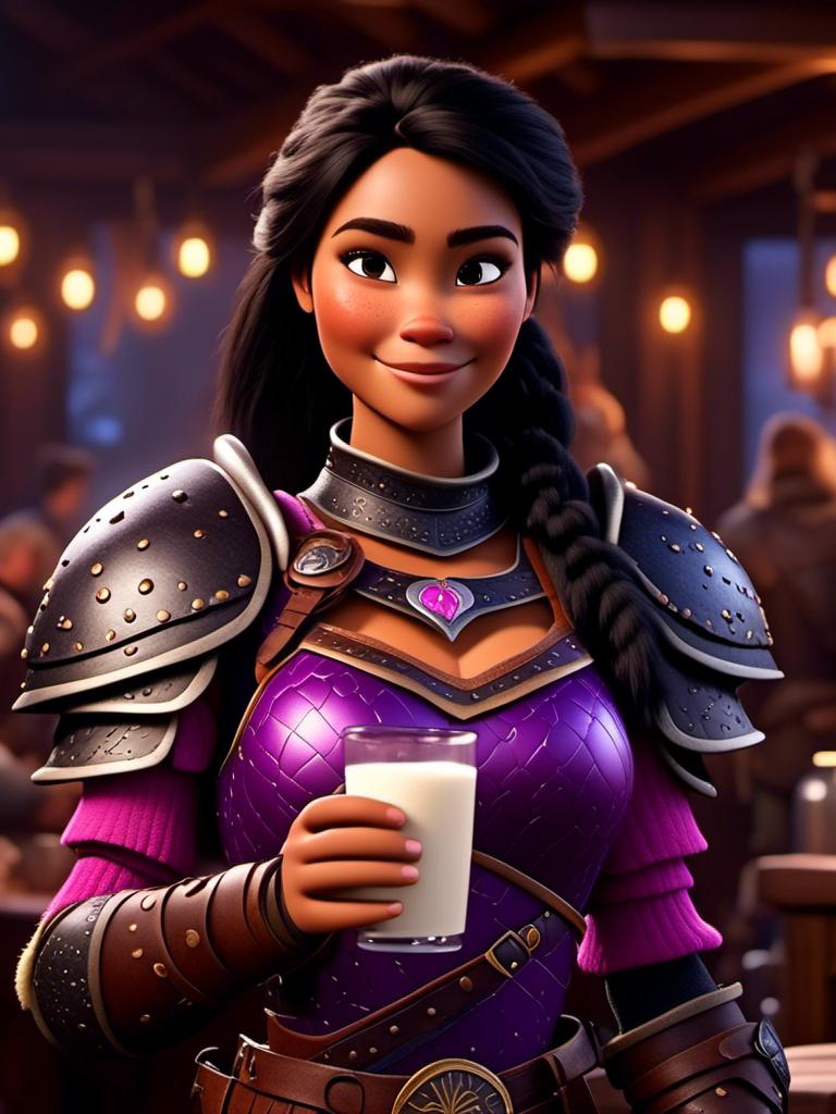 Prompt: <mymodel>CGI Animation, digital art, 20-year-old-old viking woman of royalty standing a busy tavern having a drink of milk, {{purple gear, pink armor}}, black hair, straight hair with a tiara, subtle smile, unreal engine 8k octane, 3d lighting, close up camera shot on the face, full armor