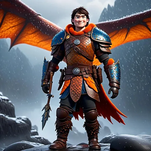 Prompt: <mymodel>CGi Animation, 20-year-old viking man with blue eyes, a rainy scene, the viking man has a subtle smile, black hair, he has orange gear, yellow armor with bursts of red splotches, black pants, black boots, he is standing next to a bright orange dragon with gold highlights, they are both in the rain