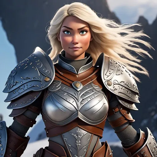 Prompt: <mymodel>Animated CGI style of a fierce Caucasian white Viking female about 25 years old, blond hair, detailed facial features, leather armor with intricate Nordic designs, battle axe and shield, intense and determined expression, dynamic and powerful pose, high definition, CGI, detailed armor, fierce female, Nordic designs, battle-ready, dynamic pose, professional lighting