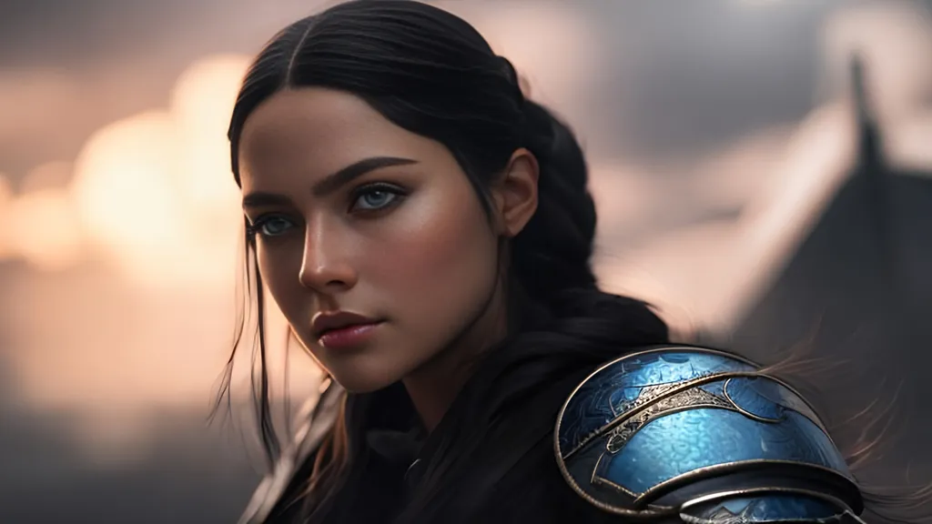 Prompt: she has black hair, create most beautiful fictional female viking princess warrior, black hair, light blue eyes, extremely detailed environment, detailed background, intricate, detailed skin, professionally color graded, photorealism, 8k, moody lighting