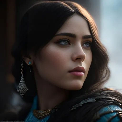 Prompt: she has black hair, create most beautiful fictional female viking princess warrior, black hair, light blue eyes, extremely detailed environment, detailed background, intricate, detailed skin, professionally color graded, photorealism, 8k, moody lighting