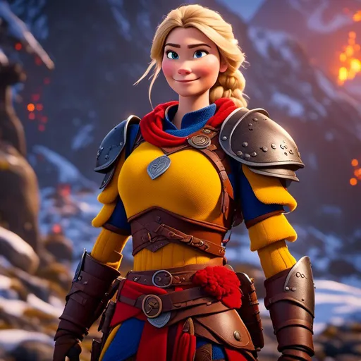 Prompt: <mymodel>CGi Animation, 20-year-old viking woman with one hair braid, subtle smile, blonde hair, blue eyes, blue gear, yellow armor, red clothes, yellow textures and highlights, unreal engine 8k octane, 3d lighting, full body, full armor