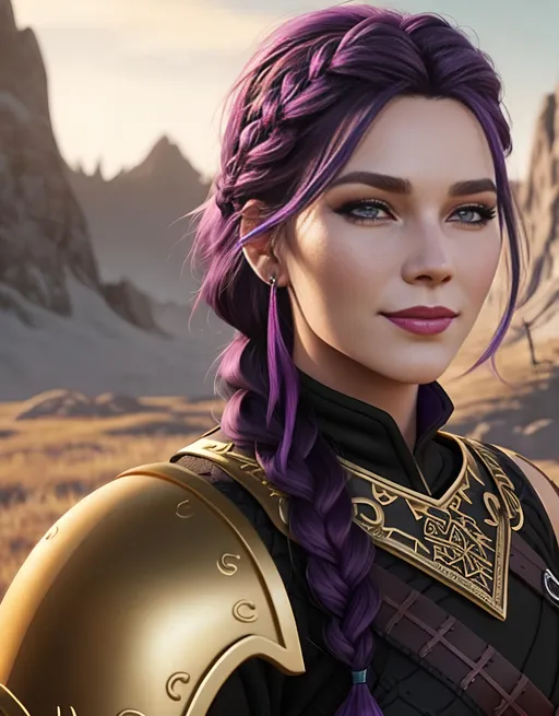 Prompt: create a viking woman, vibrant colors, subtle smile, 23-year-old woman viking, dark purple hair, one braid, black pants, light blue eyes, cut over left eye to on cheekbone, black gear, gold armor, unreal engine 8k octane, 3d lighting, full body, full armor