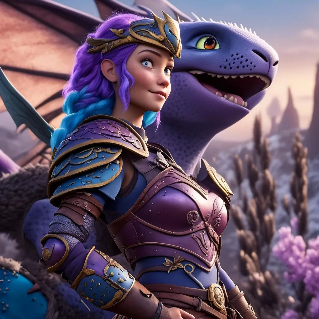 Prompt: <mymodel>CGI Animation of a caucasian viking female, purple hair, blue and purple gear and armor, intricate details, high quality, digital painting, cool tones, dramatic lighting