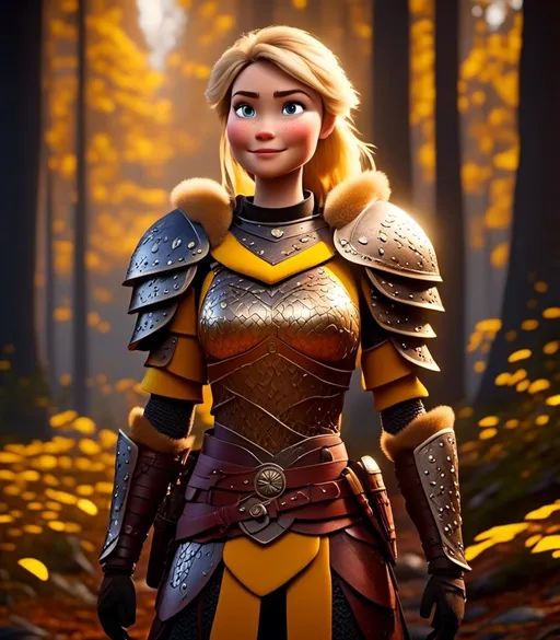 Prompt: <mymodel>CGI Animation, digital art, 20-year-old-old viking woman with light blue eyes standing in a dimly lit forest, yellow clothes, gold colored armor, blonde straight hair, subtle smile, unreal engine 8k octane, 3d lighting, full armor