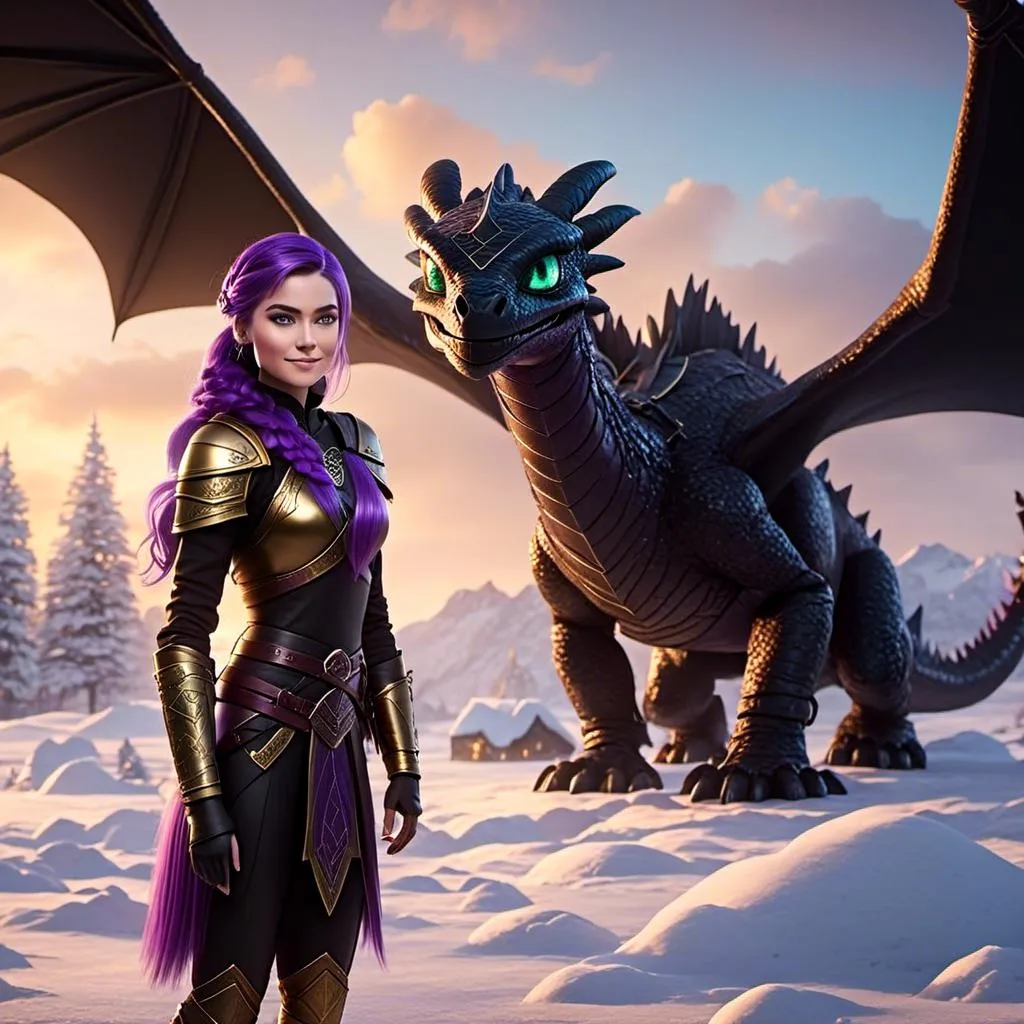 Prompt: Photo of <mymodel> standing next to her ((black)) razorwhip dragon from How to Train Your Dragon in the snow, she has light blue eyes