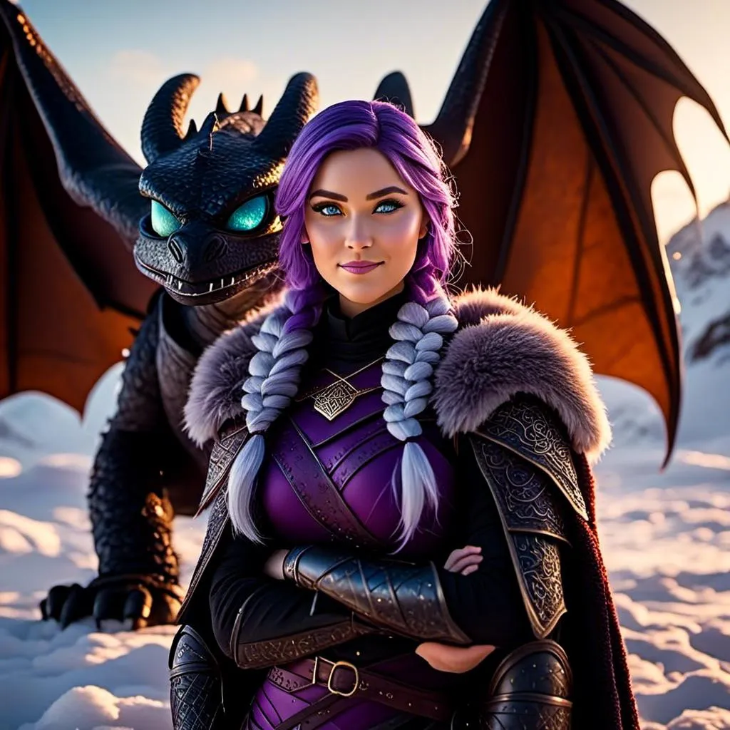 Prompt: Photo of <mymodel> standing next to her ((black)) razorwhip dragon from How to Train Your Dragon in the snow, she has light blue eyes, she is wearing a fur hood over her head, she is wearing a fur cape