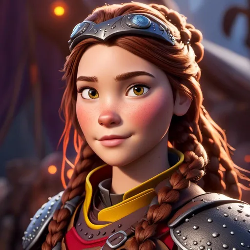 Prompt: <mymodel>CGI Animation of a viking female, brown hair with some braids, hazel eyes, bright red gear and armor, yellow highlights and textures, intricate details, high quality, digital painting, cool tones, dramatic lighting