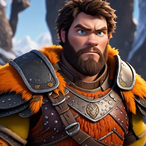 Prompt: <mymodel>Animated CGI style of a fierce Caucasian Viking with dark hair, intense gaze, realistic yellow armor with bursts of orange textures, high quality, CGI, realistic, intense gaze, viking, male, Caucasian, detailed facial features, fur textures, highres, professional, intense lighting