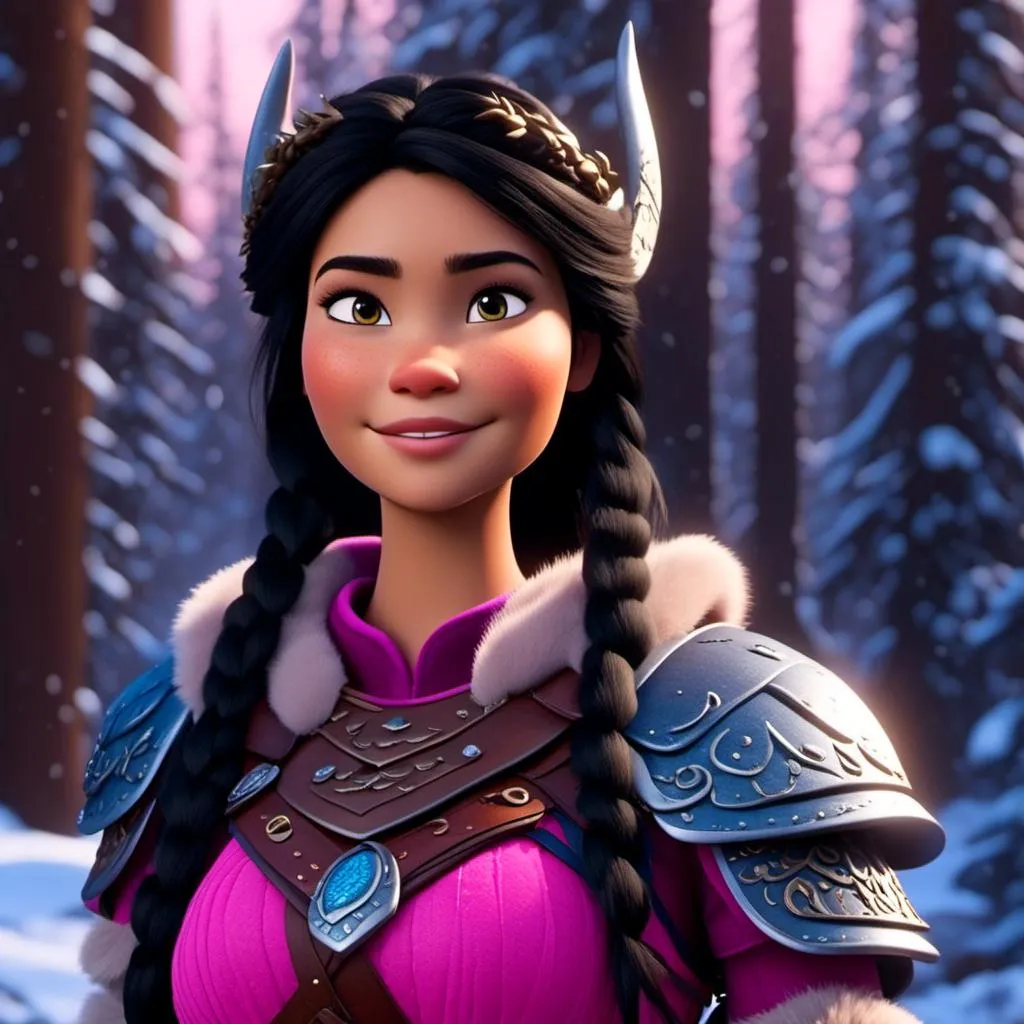 Prompt: <mymodel>CGI Animation, close-up portrait of the face, 20-year-old-old viking woman of royalty standing in the forest, a snowy scene, {{pink gear, blue armor}}, black hair, straight hair with a tiara, subtle smile, unreal engine 8k octane, 3d lighting, close up camera shot on the face, full armor