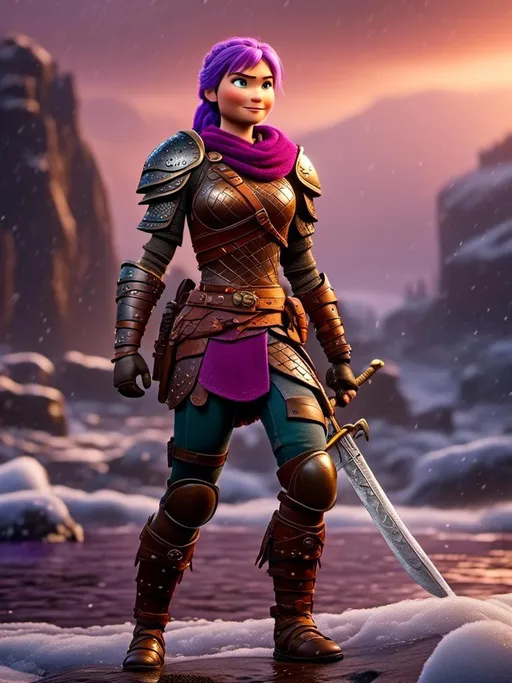 Prompt: Photo of <mymodel> standing in a heavy rain, viking warrior, in an intense sword battle with Einar Verodfellar, she has light blue eyes, purple hair, single braid down her shoulder, purple gear, gold armor, purple pants, gold boots, full body shot, 16K unreal engine octane