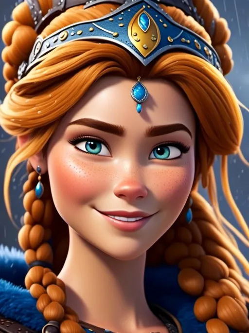 Prompt: <mymodel>CGi Animation, 20-year-old viking woman with blue eyes, ((she is wearing a royal tiara)), a rainy scene, the viking woman has a subtle smile with it pouring down rain, blonde hair in a ponytail style, she has blue gear, gold armor, black pants, black boots