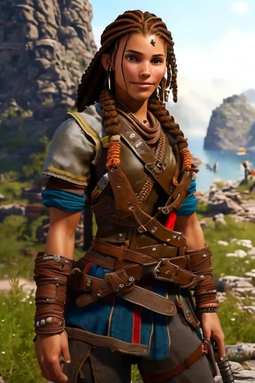 Prompt: Digital Art, 20-year-old pirate woman, red bandana around hair above forehead, muscular build, brown gear, brown pants, assassin's creed Odyssey armor, jeweled hair band, brunette hair, dreadlocks, subtle smile, beads hair, small red earrings, multiple braids, straight hair, blue eyes, bracelets, rings on fingers, mercenary gear, unreal engine 8k octane, 3d lighting, full body, full armor