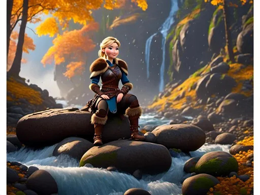 Prompt: <mymodel>CGi Animation, 20-year-old viking woman with blue eyes, ((she is wearing a tiara)), a rainy scene, she is sitting on a boulder in a forest, the viking woman has a subtle smile with it pouring down rain, blonde hair in a ponytail style, she has blue gear, gold armor, black pants, black boots