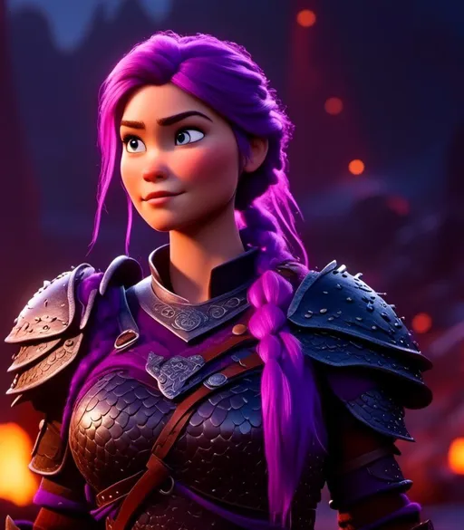 Prompt: <mymodel>CGI Animation, digital art, 20-year-old-old viking woman with light blue eyes, she looks very angry, standing in a battle arena at night, purple hair with purple strands, single braid down her shoulder with a tiara, unreal engine 8k octane, 3d lighting, close up camera shot on the face, full armor