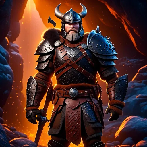 Prompt: <mymodel>Animated CGI style, male viking with a helmet, with a brown dragon, bright colored armor and gear, standing in a dimly lit cave, realistic textures, high quality, vibrant color palette, atmospheric lighting