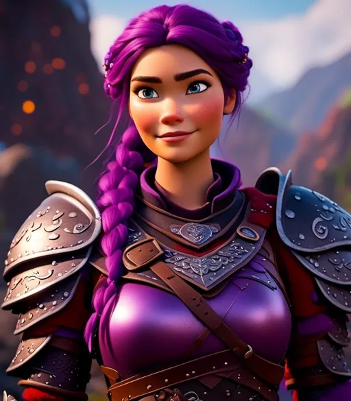 Prompt: <mymodel>CGI Animation, digital art, 20-year-old-old viking woman with light blue eyes, standing in a battle arena at the ready, purple hair with purple strands, single braid down her shoulder with a tiara, subtle smile, unreal engine 8k octane, 3d lighting, close up camera shot on the face, full armor