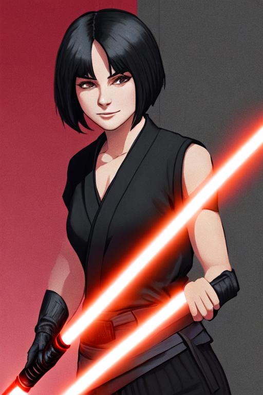 Prompt: A young woman Sith lord, with black short-length hair, black pants, a subtle smile, a black short sleeve shirt, a black vest past the waist, a black belt, black boots, two lightsabers one red and one light pink