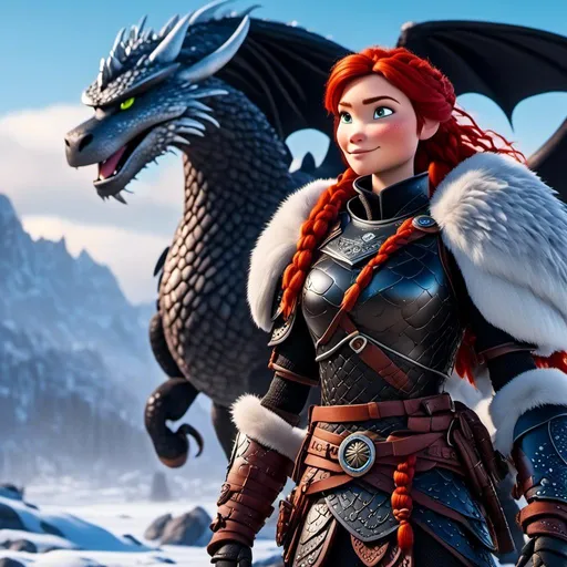 Prompt: <mymodel>High-quality CGI animation of a 40-year-old viking woman with red hair, wearing black gear and armor, standing on a snowy plain with a white dragon. White dragon with light blue highlights, woman with dreadlocks and braids, light blue eyes, snowy landscape, detailed visual effects, fantasy, snowy setting, cool tones, detailed character design, professional CGI, dramatic lighting, highres, detailed rendering