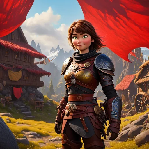 Prompt: <mymodel>CGI Animation of a viking female, brown hair, hazel eyes, bright red gear and armor, yellow highlights and textures, standing in a viking village, intricate details, high quality, digital painting, cool tones, dramatic lighting