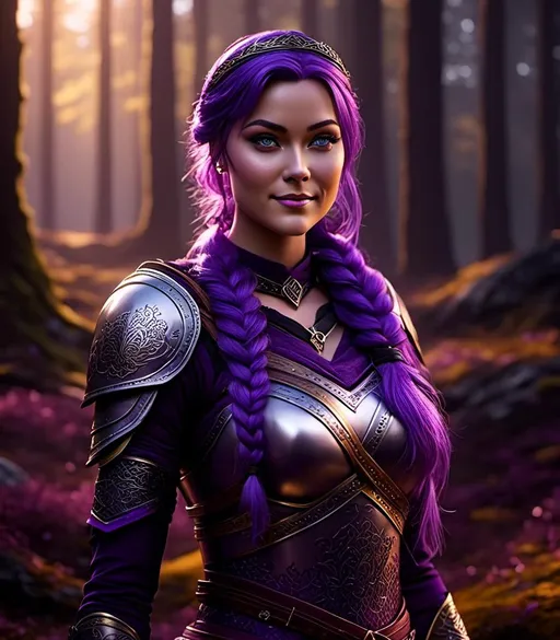 Prompt: <mymodel>CGI Animation, digital art, 20-year-old-old viking woman with light blue eyes, she is overjoyed, purple hair with purple strands, standing in a dimly lit forest, single braid down her shoulder with a tiara, unreal engine 16k octane, 3d lighting, full armor