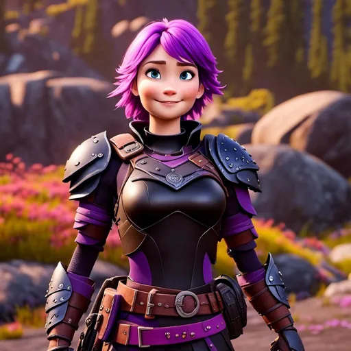 Prompt: <mymodel>CGi Animation, 20-year-old viking woman with one hair braid, caucasian, subtle smile, purple hair, light blue eyes, black gear, bright purple armor, black textures and highlights, unreal engine 8k octane, 3d lighting, full body, full armor