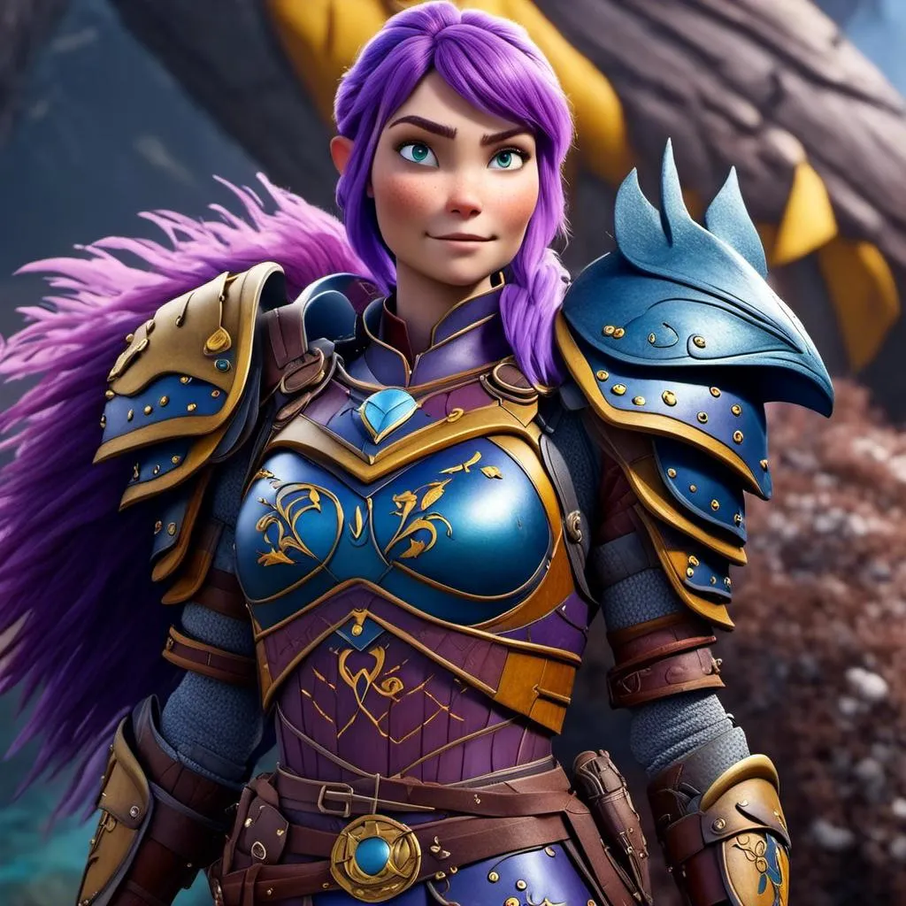 Prompt: <mymodel>CGI Animation of a viking female, purple hair, blue and yellow gear and armor, intricate details, high quality, digital painting, cool tones, dramatic lighting