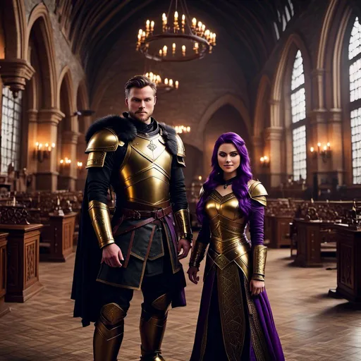 Prompt: Photo of <mymodel> standing in The Great Hall with her husband Jarl Everson who is 24-years old who has brown (((short))) wavy hair