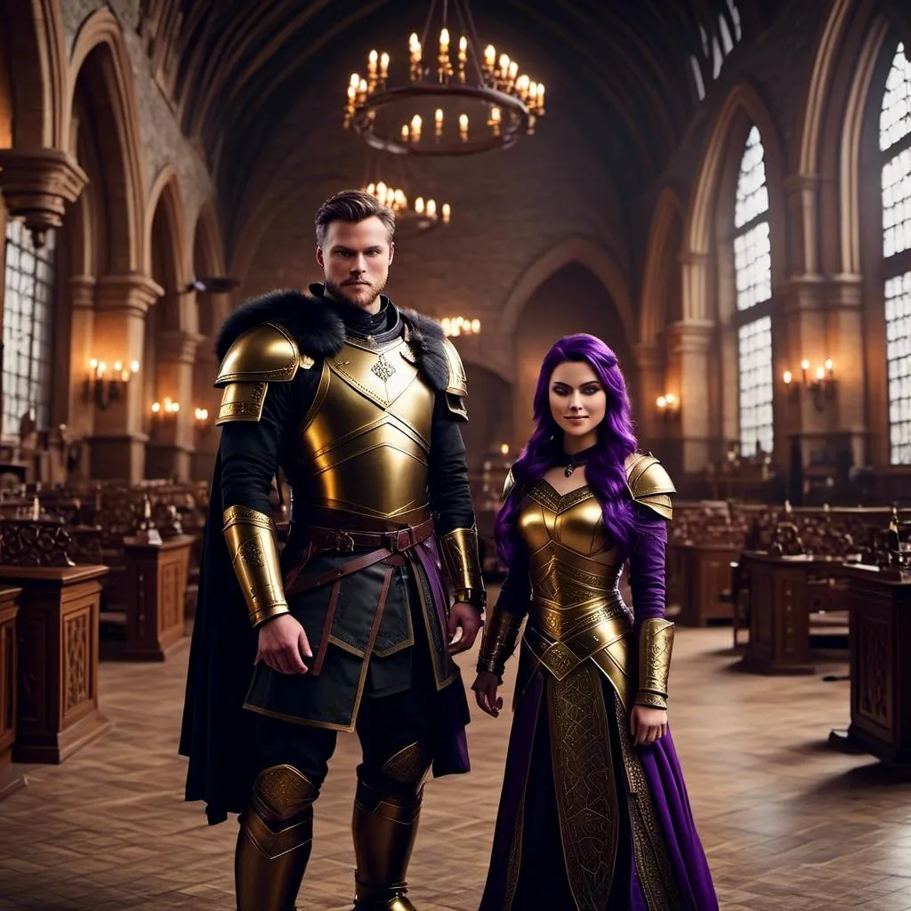 Prompt: Photo of <mymodel> standing in The Great Hall with her husband Jarl Everson who is 24-years old who has brown (((short))) wavy hair