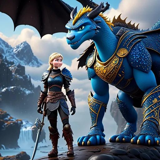 Prompt: <mymodel>CGi Animation, 20-year-old viking woman with blue eyes, a rainy scene, she is standing next to a bright blue dragon with gold highlights, they are both in the rain, the viking woman has a subtle smile, blonde hair in a ponytail style, she has blue gear, gold armor, black pants, black boots