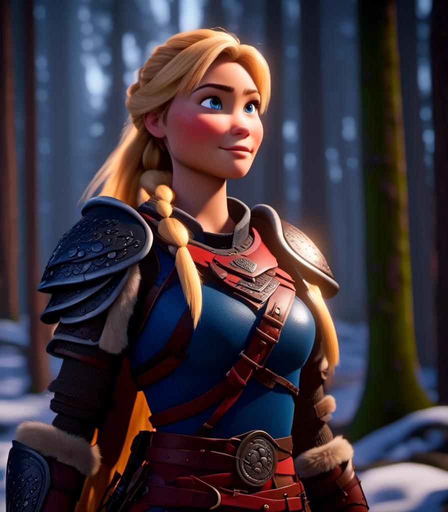 Prompt: <mymodel>CGI Animation, digital art, 20-year-old-old viking woman with light blue eyes standing in a dimly lit forest, blue clothes, red colored armor, blonde straight hair, subtle smile, unreal engine 8k octane, 3d lighting, full armor