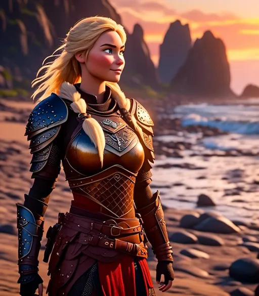 Prompt: <mymodel>CGI Animation, digital art, 20-year-old-old viking woman with light blue eyes standing around several hot springs on a beach, sunset lighting, blue clothes, blue colored armor, blonde straight hair, subtle smile, unreal engine 8k octane, 3d lighting, cinematic lighting, camera shot of full armor from head to toe