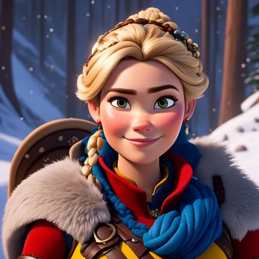 Prompt: <mymodel>CGI Animation, close-up portrait of the face, 20-year-old-old pirate woman sitting on a snow bank, a snowy scene, {{yellow gear, blue armor}}, blonde hair, an updo style of hair with a faded buzz cut on the side of the head, subtle smile, beads hair, small red earrings, multiple braids, yellow gear, straight hair, green eyes, bracelets, rings on fingers, mercenary gear, unreal engine 8k octane, 3d lighting, close up camera shot on the face, full armor