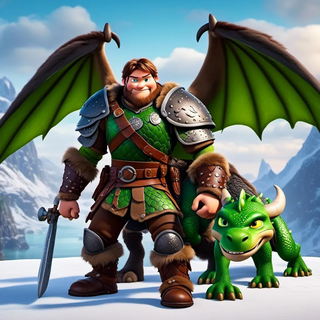 Prompt: <mymodel>Male viking warrior, thin and light muscle build, there is a large green dragon next to him, the male viking is petting his green dragon, short brown hair, green eyes, green armor, brown gear, brown pants, brown boots, historical, strong and natural lighting