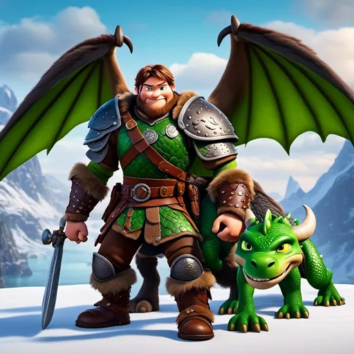 Prompt: <mymodel>Male viking warrior, thin and light muscle build, there is a large green dragon next to him, the male viking is petting his green dragon, short brown hair, green eyes, green armor, brown gear, brown pants, brown boots, historical, strong and natural lighting