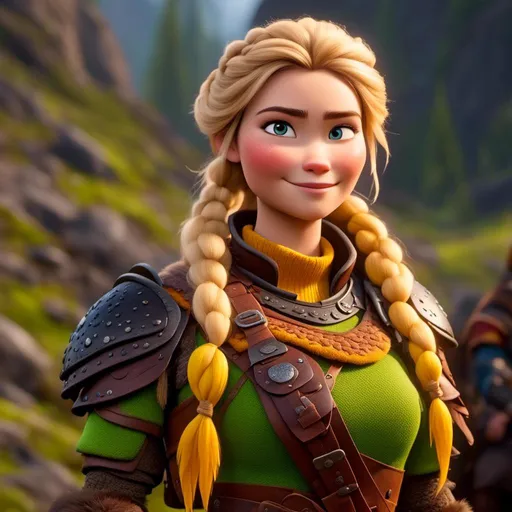 Prompt: <mymodel>CGi Animation, 20-year-old viking woman with one hair braid, subtle smile, blonde hair, blue eyes, green gear, green armor, yellow clothes, yellow textures and highlights, unreal engine 8k octane, 3d lighting, full body, full armor