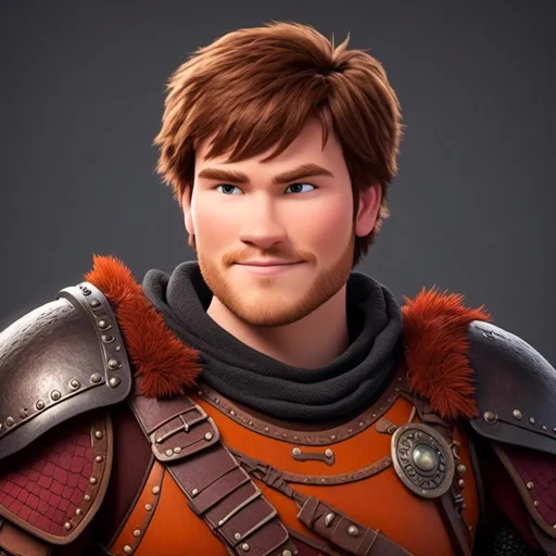 Prompt: <mymodel>Animated CGI style of a light build Caucasian Viking with brown hair, orange armor, maroon clothing textures, high quality, CGI, content gaze, viking, male, Caucasian, highres, professional, intense lighting