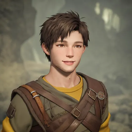 Prompt: Digital art, 25-year-old viking man, black short hair, subtle smile, brown eyes, yellow viking gear, adventurer, unreal engine 64k octane, 3d lighting, cinematic camera