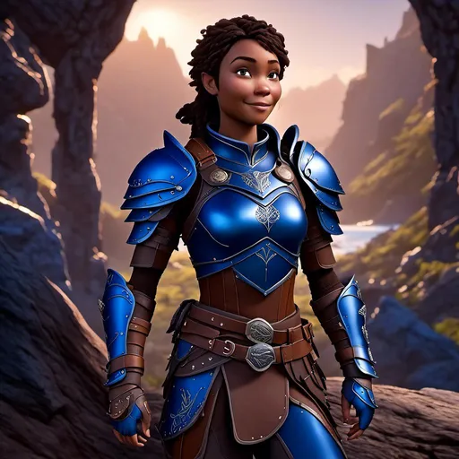 Prompt: <mymodel>Digital art, 18-year-old viking woman, subtle smile, cobalt blue gear, cobalt blue armor, brunette hair, two braids, dark brown eyes, unreal engine 8k octane, 3d lighting, full body, full armor