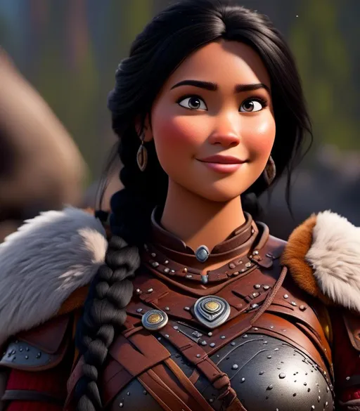 Prompt: <mymodel>CGI Animation, digital art, 20-year-old-old viking woman with light blue eyes, light clothes, black hair with black strands, single braid down her shoulder with a tiara, subtle smile, unreal engine 8k octane, 3d lighting, close up camera shot on the face, full armor