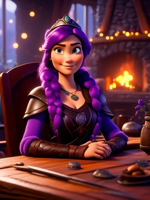 Prompt: <mymodel>CGI Animation, digital art, 20-year-old-old viking woman of royalty sitting at a desk in her home in the living room next to the fireplace, light blue eyes, {{black gear, purple armor}}, purple hair, single braid down her shoulder with a tiara, subtle smile, unreal engine 8k octane, 3d lighting, close up camera shot on the face, full armor