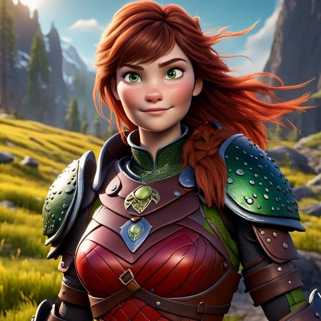 Prompt: <mymodel>CGI Animation of a viking female, brown hair, green eyes, bright red gear and armor, yellow highlights and textures, intricate details, high quality, digital painting, cool tones, dramatic lighting