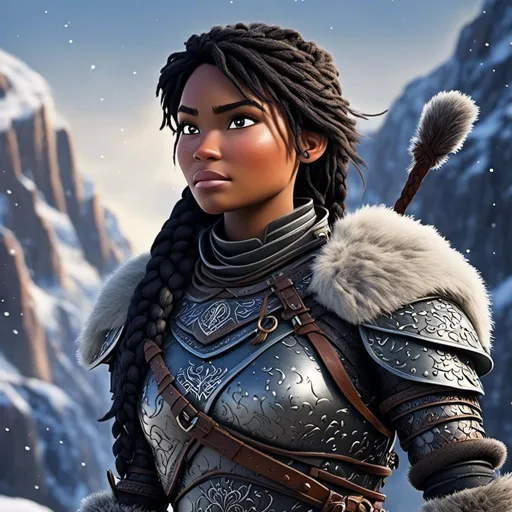 Prompt: <mymodel>animated CGI style, caucasian white, black hair, viking female warrior, detailed braided hair and battle scars, rugged and weathered armor, intense and determined gaze, snowy and rugged landscape, fierce, warrior, detailed hair, battle scars, snowy landscape, intense gaze, weathered armor, dramatic lighting