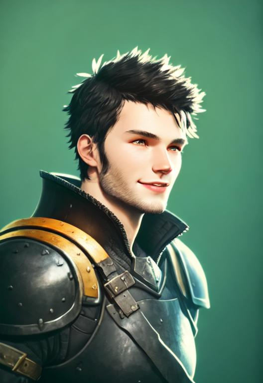 Prompt: Digital art, 22-year-old viking man, black hair. yellow armor. blue gear. medium-length black hair, subtle smile, black stubble beard, hazel eyes, adventurer, blue sky background, unreal engine 8k octane, 3d lighting