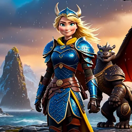 Prompt: <mymodel>CGi Animation, 20-year-old viking woman with blue eyes, a rainy scene, she is standing next to a bright blue dragon with gold highlights, they are both in the rain, the viking woman has a subtle smile, blonde hair in a ponytail style, she has blue gear, gold armor, black pants, black boots