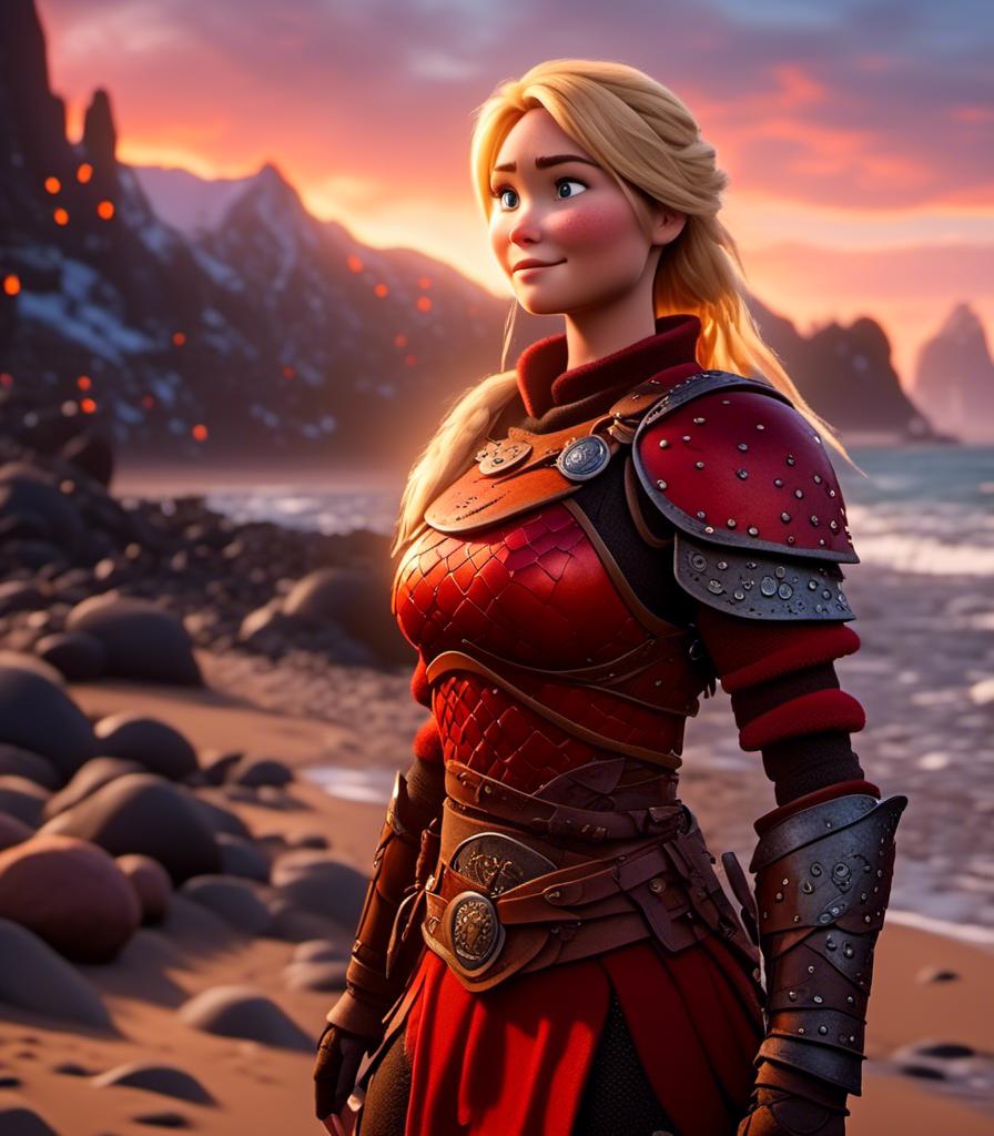 Prompt: <mymodel>CGI Animation, digital art, 20-year-old-old viking woman with light blue eyes standing around several hot springs on a beach, sunset lighting, blue clothes, red colored armor, blonde straight hair, subtle smile, unreal engine 8k octane, 3d lighting, cinematic lighting, camera shot of full armor from head to toe