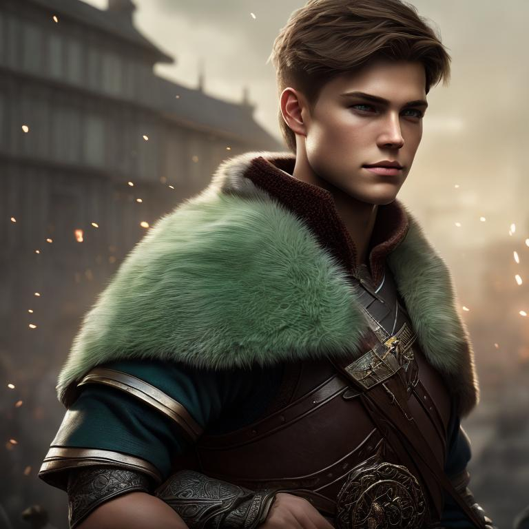 Prompt: he has short brown hair, create most handsome fictional male prince viking warrior, short brown hair, light green eyes, extremely detailed environment, detailed background, intricate, detailed skin, professionally color graded, photorealism, 8k, moody lighting